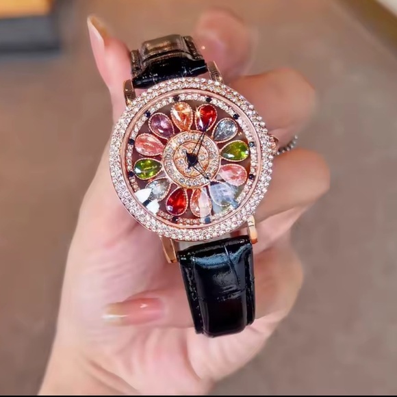 Luxury Rotating Petal Flower Dial Diamond Crystal Watch - Picture 7 of 14